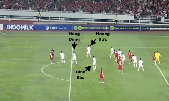 Vị trí của Hùng Dũng, Hoàng Đức và Đình Bắc trong bàn thua của Việt Nam trước Indonesia, trên sân Bung Karno tại Jakarta, lượt ba bảng F vòng loại hai World Cup 2026 tối 21/3/2024. Ảnh: chụp màn hình