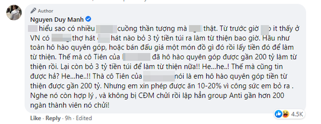 Duy Mạnh mỉa mai cách làm từ thiện của nữ ca sĩ tên Tiên: Thà nói hô hào quyên góp được gần 200 tỷ nhưng em xin phép được ăn 10 - 20%”-2