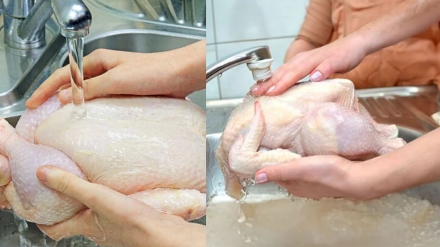 Rửa thịt gà dưới vòi nước chảy có thể làm phân tán vi khuẩn gây hại