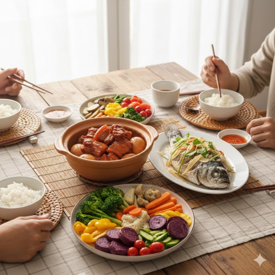 Mâm cơm gia đình những ngày đầu năm thường được chuẩn bị chỉn chu với các món ăn quen thuộc, tượng trưng cho cảm giác đủ đầy và gắn kết.